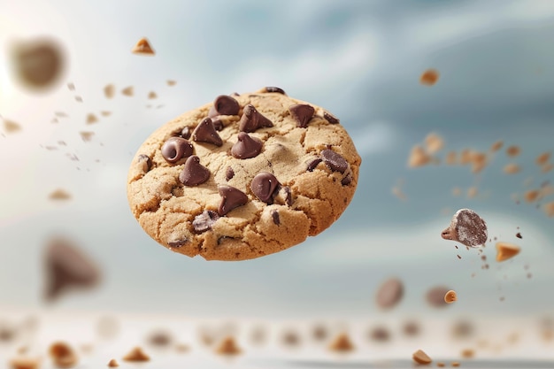 Photo levitating chocolate chip cookie with flying chips