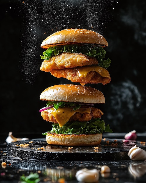 Levitating Crispy Chicken Sandwich with Floating Ingredients