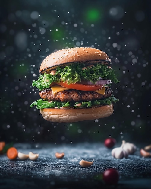 Levitating Crispy Chicken Sandwich with Floating Ingredients