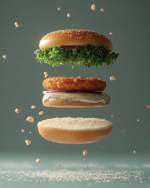 Photo levitating crispy chicken sandwich with floating ingredients