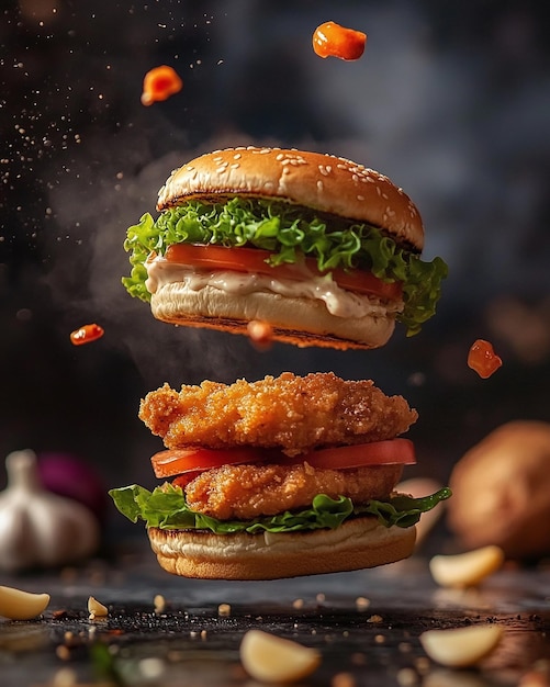 Levitating Crispy Chicken Sandwich with Floating Ingredients