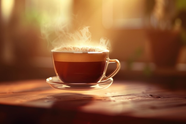 Levitating Espresso Cup on Cherry Wood Background Steam Highlighted by Backlight