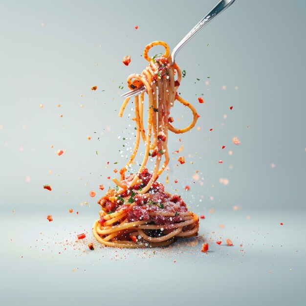 Photo levitating fork with spaghetti in pastel colors