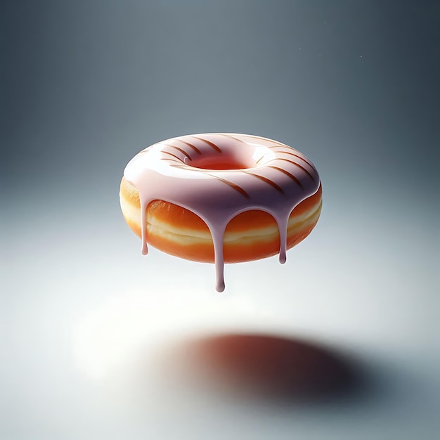 Photo levitating glazed donut with dripping icing casting soft shadow below