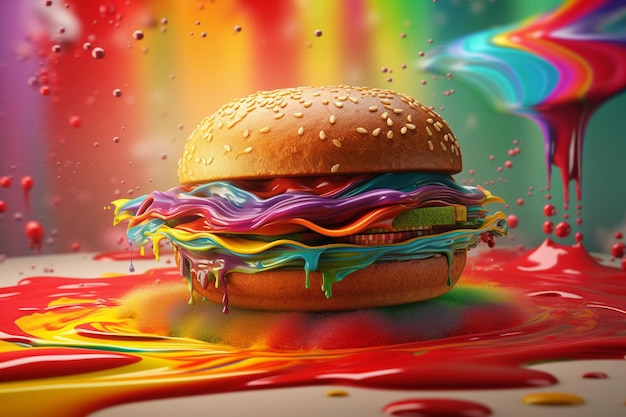 A levitating hamburger with a river of rainbow ketchup