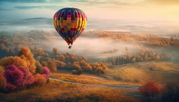 Levitating hot air balloon soars over mountains generated by AI