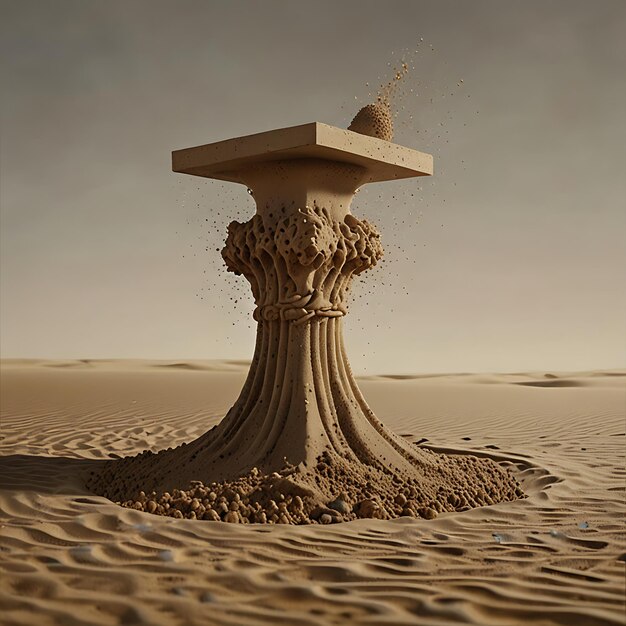 Photo levitating pedestal formed from shifting sand particles constantly moving and reforming creating