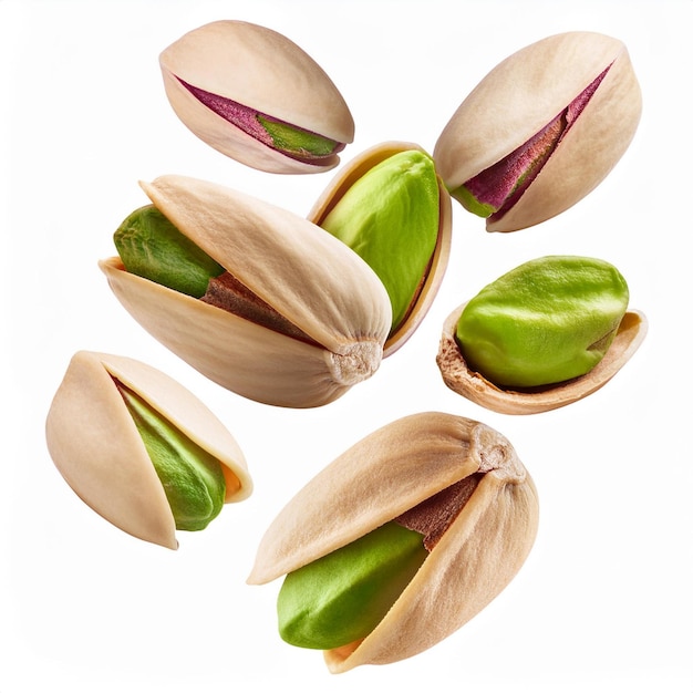 Photo levitating several pistachios isolated on white background