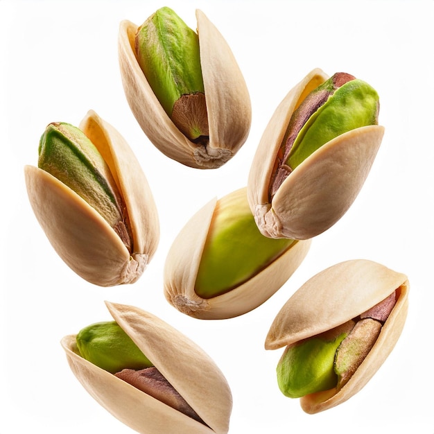 Photo levitating several pistachios isolated on white background