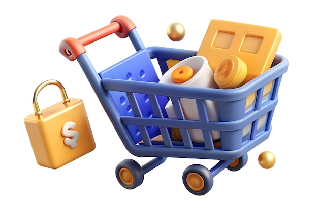 Levitating Shopping Cart with Discount Icons A Floating Retail Cart Surrounded by Discount Symbols