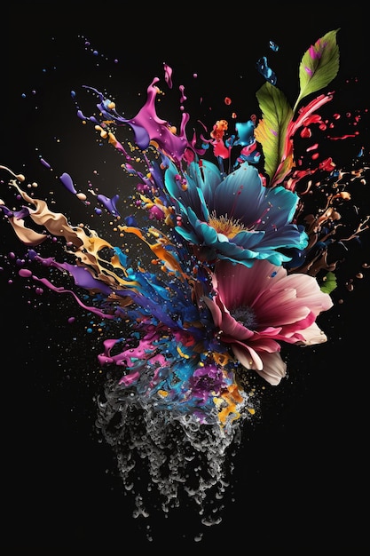 Levitating of spring or summer colorful flower bouquet with liquid water splash