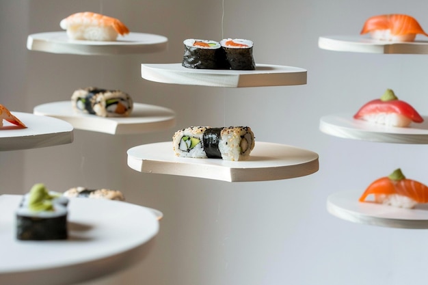 Photo levitating sushi and rolls and plates