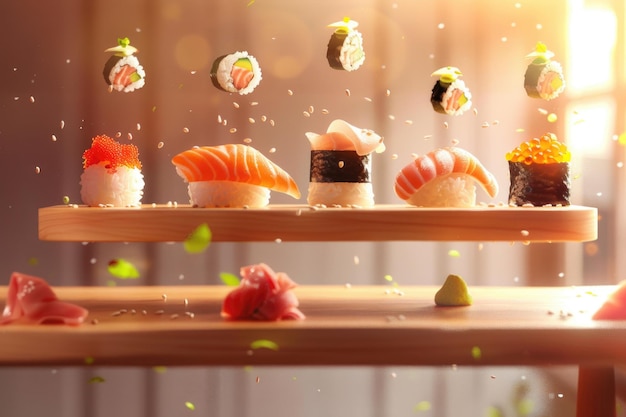 Levitating Sushi Rolls and Sashimi on Wooden Board Against Warm Cherry Wood Backdrop with Sunlight and Backlight