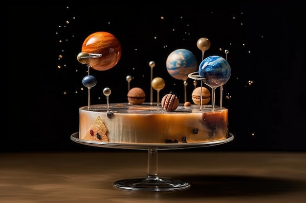 Levitating with planets birthday cake illustration generative ai