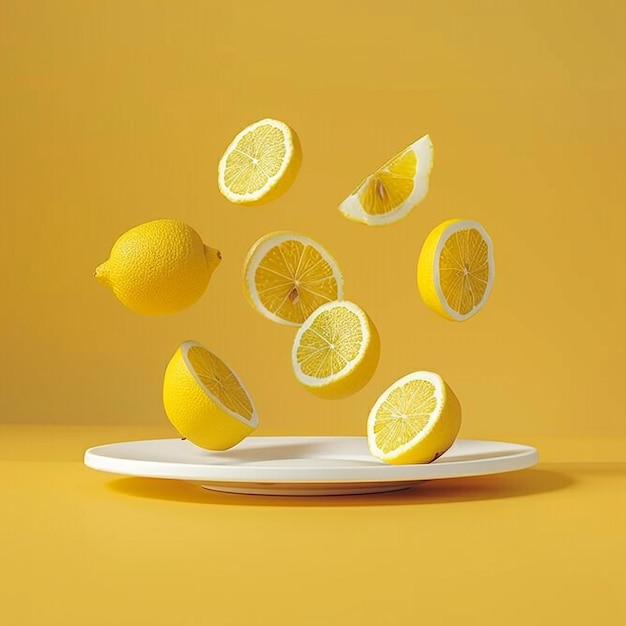 Levitating Yellow Whole and Sliced Lemons