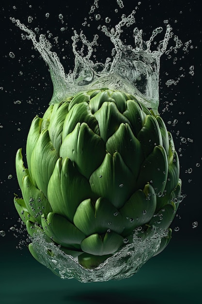 Levitation Artichoke flower edible bud with drops of water splash