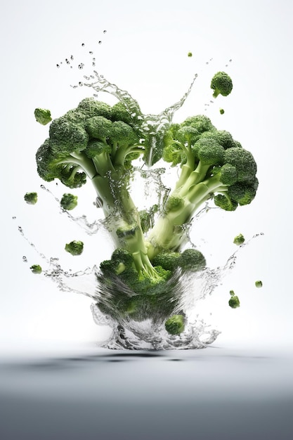 Levitation broccolis with drops of water splash isolated