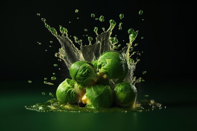 Levitation brussels sprouts with drops of water splash