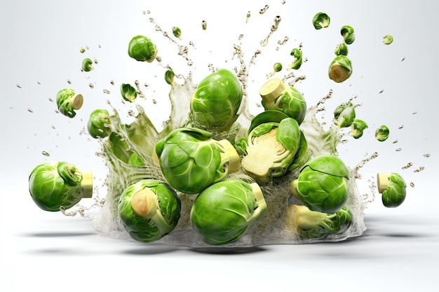 Levitation brussels sprouts with drops of water splash