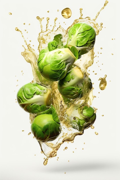 Levitation brussels sprouts with drops of water splash