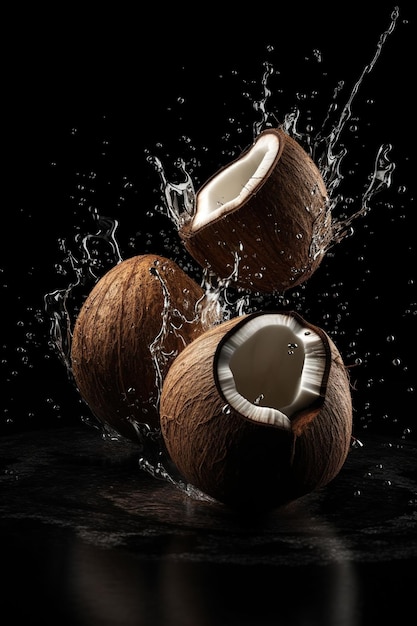 Levitation of coconuts with splash on black background