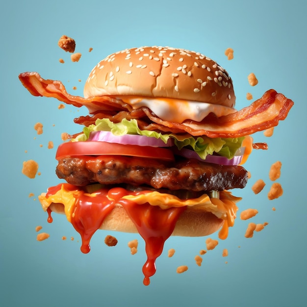 Levitation hamburger Dynamic images of flying food A large appetizing burger on blue background