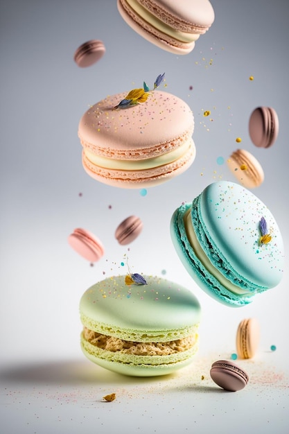 Levitation multicolored macarons render