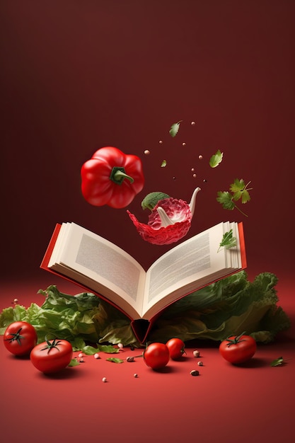 Levitation of open recipe book with fresh vegetables and fruits