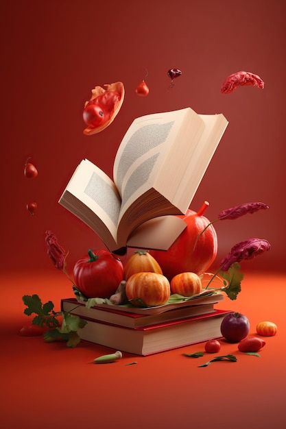 Levitation of open recipe book with fresh vegetables and fruits