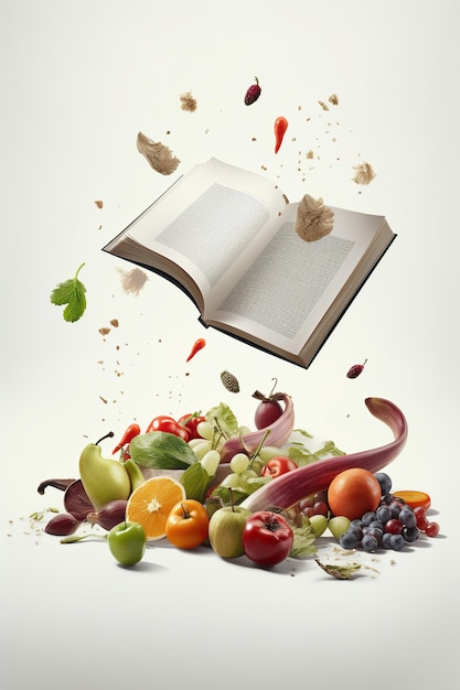 Levitation of open recipe book with fresh vegetables and fruits