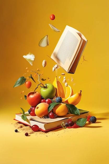 Levitation of open recipe book with fresh vegetables and fruits