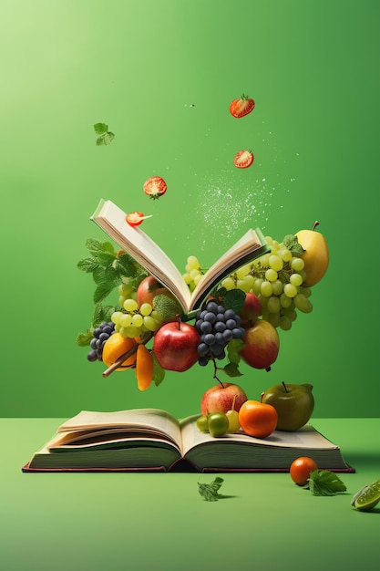 Levitation of open recipe book with fresh vegetables and fruits