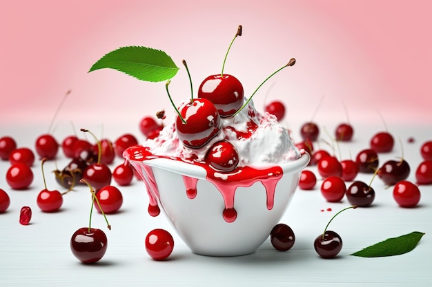 Levitation red cherry in white bowl with ice cream on pink backgroun