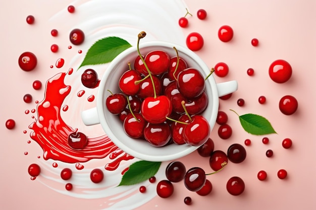 Levitation red cherry in white bowl with juice splash