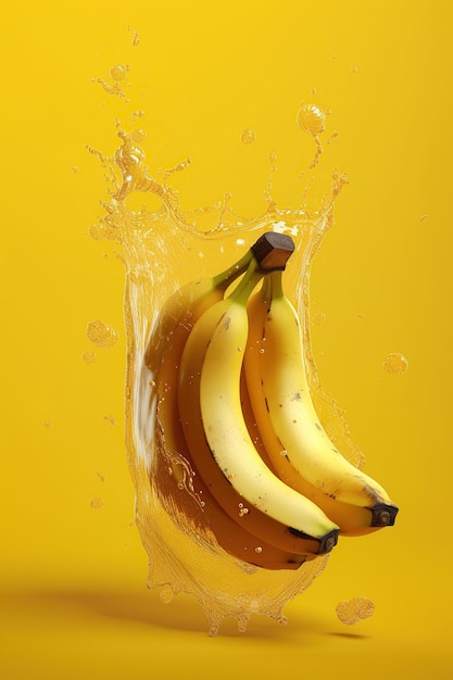 Levitation ripe bananas with drops of juice water splash