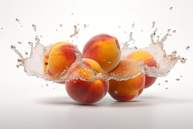 Levitation ripe peaches with drops of juice water splash