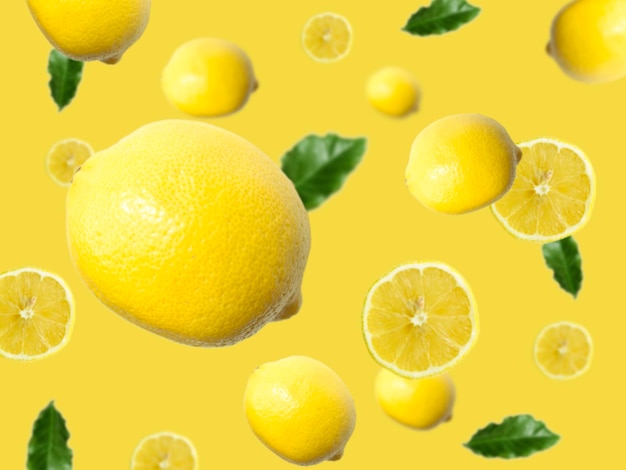 Levitation of a whole lemon and slices with green leaves on a yellow background Selective focus image