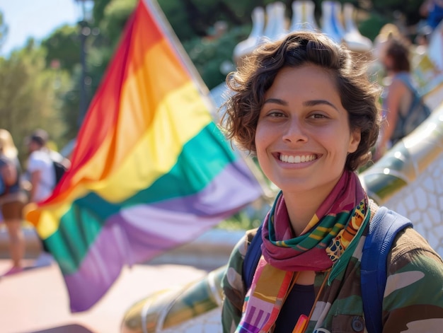 LGBT Barcelona Trip Focus on a solo traveler at Park Guell smiling and looking at the camera with a rainbow flag in the background empty space center for text