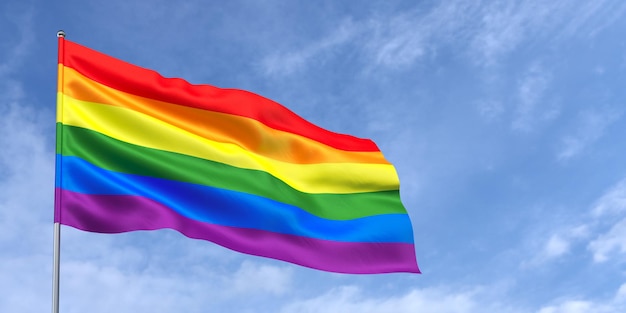 LGBT community flag on flagpole on blue sky background Rainbow flag fluttering in the wind on a background of sky with clouds Place for text 3d illustration