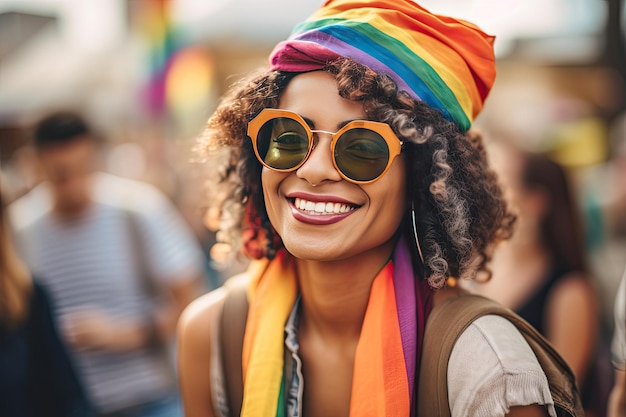 LGBT community at a gay parade in the summer Pride month party celebration on the city street