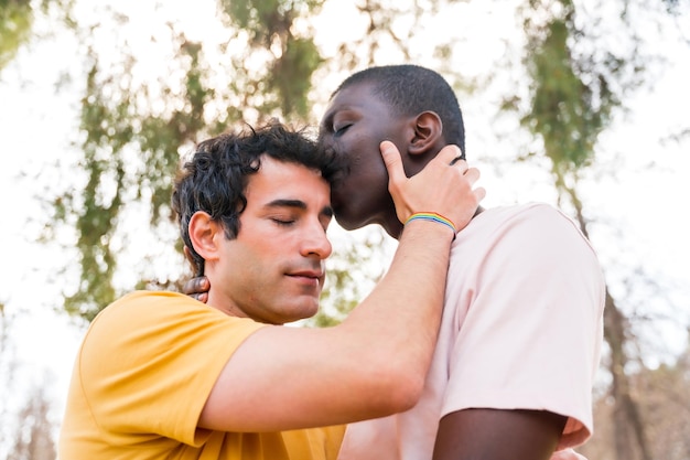 Lgbt concept couple of multiethnic men in a park kissing each other on the forehead romantic pose