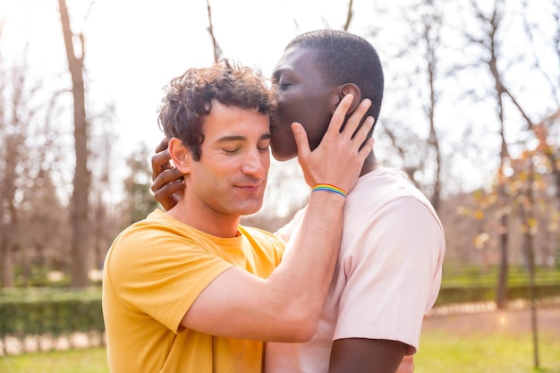 Lgbt concept couple of multiethnic men in a park kissing on the forehead in a sunset