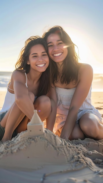 LGBT couple at the beach Focus on a happy female couple Hispanic smiling and looking at the camera building a sandcastle on the beach with left space for text