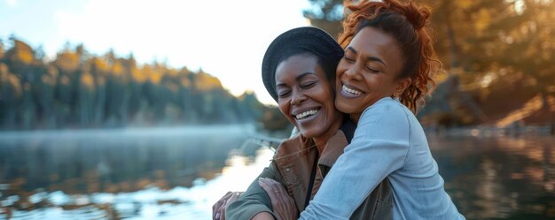 LGBT couple fishing Focus on a female couple African American and Asian smiling and looking at the camera fishing at a lake with right space for text