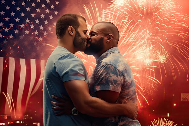 Photo lgbt couple kissing on american flag background two men celebrate 4th july