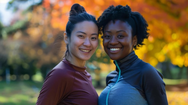 LGBT couple working out Focus on a female couple African American and Asian smiling and looking at the camera jogging together in a park with left space for text