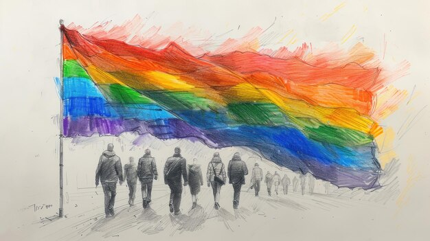 LGBT Pride Day pencil drawing flag and people illustration background