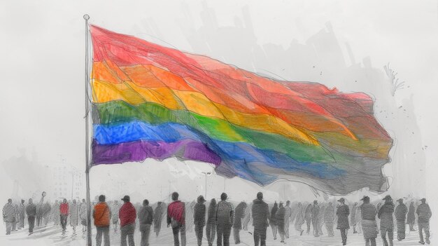 LGBT Pride Day pencil drawing flag and people illustration background