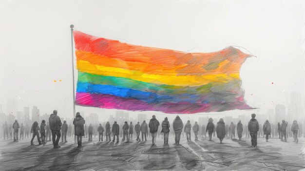 LGBT Pride Day pencil drawing flag and people illustration background