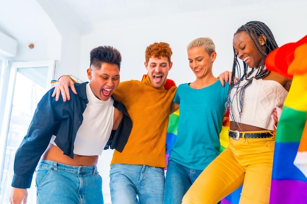 LGBT pride lgbt rainbow flag group of friends dancing in a house at the party